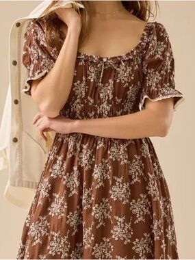 Altar'd State Brown Floral Square-Neck Midi Dress with Puff Sleeves